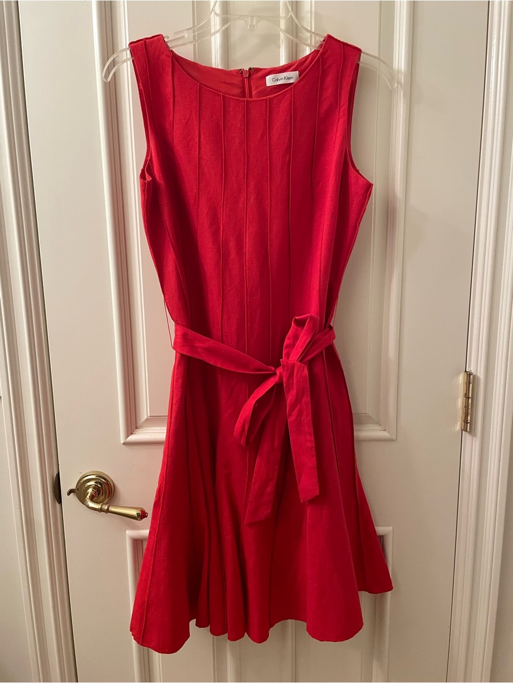 Vintage Calvin Klein Red Sleeveless Belted Fit-and-Flare Dress